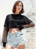 Black Cropped Sweatshirt Long Sleeve Top Women Hoodies Hooded Streetwear Kpop Harajuku Hoodie Crop Tops Mesh Hoody Clothes 220324