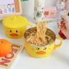 Kawaii Ente Ramen Schüssel Doppel Edelstahl Große Kapazität Student Bento Box Instant dles Schüssel Mit Deckel Küche Geschirr 220418