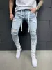 Men's Skinny Jeans Pants Men Hole Frayed Contrasting Print Flame Colorblock Jean Pant Big Size Trousers 3XL