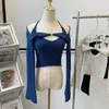 Kadın Sweaters Kadın Mavi Seksi Eğik Çekiş Uzun Kollu Sırtsız İnce Halter Kısa Örgü Süveter Kadınlar 2022 Bahar İçi Bahçesi Moda