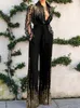 Women's Jumpsuits & Rompers Elegant Button Shine Patchwork Jumpsuit Fashion Lapel Lace-Up Lady Office Romper Vintage High Street Slim Pocket