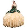 Vintage Dark Green Quinceanera Dresses Tiered Ruffles Champagne Skirt Off Shoulder Corset Lace-Up Plus Size Prom Party Gowns 2022 Sweet 15 Dress Vestidos 16 Anos