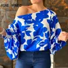 Women Casual Graphic One Cold Shoulder Puff Sleeves Blouse 220407