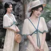 Letnia sukienka macierzyńska Koronkowe krótkie rękawy Patchworka Kobieta w ciąży Vintage Sukienka w stylu Chińsko -Chify Szyf Chifon J220628