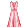 Casual Dresses PERHAPS U Red Pink Strip Knitted Lurex Sleeveless Tank Ruched Deep V Neck Midi Dress Pleat Sexy Summer D0540