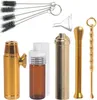 Cool Gold Reting Multi-Function Snuff Snorter Sniffer Pocket Kit Glass Spoon Stash Case Bottle Herb Tobacco Jar Tips Cigaretthållare Suffsäker väska DHL GRATIS