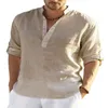 Män Långärmad Henley Casual Shirts Bomull Linen Beach Loose Fit Henleys Topps