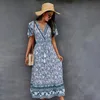 Sukienki swobodne Jastie 2022 Summer Sukienka dla kobiet w szyku w dółko z krótkim rękawem kwiatowy nadruk Boho Maxi Hippie plaż