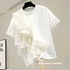 Patchwork Ruffle White Tops For Women O Neck Short Sleeve Casual T Shirt Female Fashion Clothing Summer 220407