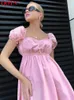 OOTN Sexy Pink Square Neck Mini Dress Women Puff Sleeve Ruch A-Line Cotton Solid Bodycon Dress Female Lace Up Summer Dress 220511