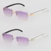 Ny Selling Style Diamond Cut Lens 8200757 Solglasögon Metal Rimless Original White Inside Black Buffalo Horn Vertikala ränder Manliga kvinnliga glasögon Storlek: 57-18-140mm