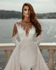 Saudi Arabia Koraliki Syrenka Sukienka Ślubna Sheer V Neck Długi Rękaw Luksusowe Perły Front Split Suknie Ślubne Crystal Bride Robes de Mariée