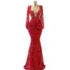 Kırmızı Köpüklü Deniz Kızı Prom Elbiseler Seksi Derin V Boyun Uzun Kollu Sequins Boncuklar Hollow 3D çiçek taban uzunluğu artı boyutu resmi parti elbiseleri özel yapılmış