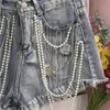 Women Summer Pearls Tassels Beads High Waist Denim Shorts Female Casual Wide Leg Jeans Chic Wild Y1091 W220326