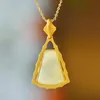 Kedjor Ancient Gold Craft Inlaid Natural Hetian Jade Bamboo Leaf Pendant Elegant Design Emamel Porcelain Halsband Ethnic Style Jewelrychain