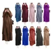 Free Size Muslim Solid Color Women Big Swing Dress With Headcarf For Arabia Dubai Islamic Long Sleeve Loose Abaya Clothing 21423