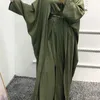 3 Parça Eşleştirme Seti Kadın Müslüman Keten Dubai Arap Mütevazı Kıyafet Kimono Açık Abaya Maxi Elbise Şal Kravat Etek Ramazan Bayram Partisi 220713