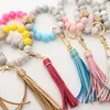 14 Colors Wooden Tassel Bead String Bracelet Key chain Food Grade Silicone Beads Bracelets Women Girl Key Ring Wrist Strap Party Favor FY2981