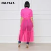 Cm.yaya elegant nät lapptäcke hög midja tunika skjorta stil maxi lång klänning för kvinnor sommaren enstaka gata klänningar 220516