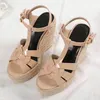 Luxe merken Mode pop hakken vrouwen wedges sandaal Eerbetoon lederen wedge espadrille sandalen zwart nude bruin echt leer met doos