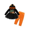 Toddler Baby Girl Clothing Set Spädbarn Kids Söt Skrämmande Katt Svart 2st Halloween Hoodies Toppar Klänning Orange Byxor Outfits