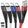 3A snabbladdare Typ c Micro USB-kablar 1m 2m 3m Flätad nylonlegeringskabel för Samsung S10 S20 S21 htc Huawei Android telefon pc