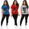 Moda feminina roupas de 2 peças de designers traços de verão calças de verão roupas de camiseta casual calça de corredor de trechos de traje de terno impressão o-gola k164