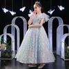 Blue Bling Sequin Girls Pageant Fluffy Off The Shoulder Ruched Gown Flower Girl Ball Gowns Party Dresses 403