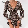 DICLOUD Women Floral Print Boho Party Dress Sexy V Neck Long Sleeve Spring Clothes With Waist Tie Elegant Day Dress 210401