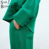 Shingblinging kvinna trafikbyxor mode långa byxor dragsko hög midja bred ben grön casual byxa kvinnlig 2 pie kostym 220325