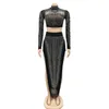 Plazson Fall Sheer Mesh Sparkle Rhinestone Suit met lange mouwen Crop top en franing rok Tweedelige set Crystal Chirstmas Outfits T220729