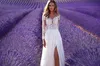 Newest Popular Summer Beach High Side Split Dresses Lace Sheer Neck A-line Gowns Sweep Train Chiffon Wedding Bridal Gowns Custom Made