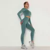 Conjunto de yoga sin costuras para mujer Traje deportivo Chándales Top corto de manga larga y pantalones de cintura alta Conjunto de ropa de entrenamiento J220706