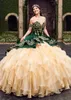 Vintage Dark Green Quinceanera Dresses Tiered Ruffles Champagne Skirt Off Shoulder Corset Lace-Up Plus Size Prom Party Gowns 2022 Sweet 15 Dress Vestidos 16 Anos