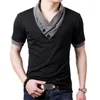 플러스 사이즈 여름 남성 Tshirts 패션 슬림 한 짧은 슬리브 패치 워크 v 목면 검은 티셔츠 남자 버튼 탑 티즈 220614