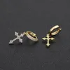 Hip Hop Cross Dangle Boucles d'oreilles Full White Zircon Hoop Drop Boucles d'oreilles Bijoux en plaqué or véritable