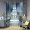 カーテンドレープヨーロッパの青い厚いシェニール刺繍寝室カーテンリビングルームキュルタ用のエレガントな豪華なデリケートな繊細な断熱