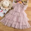 Summer Pink Casual Tulle Princess Dress for Girls Soce Sleeve Sequin Shiny Christmas Costume Children Birthday Party Clothes 220422