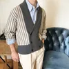Business Casual Langarm V-ausschnitt Mantel Männer Mode Gestreiften Patchwork Strickjacke Herren Temperament Schlank Zweireiher Jacke