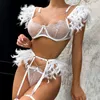 BH-Sets 3-teiliges zartes Feder-Spitze-Dessous-Set für Damen, sexy erotische Outfits, Strumpfbänder mit Kette, Porno-Intim-Sets