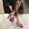 2022 New Print Lace Up Sexy Hochzeitsfeier-Sandalen, europäische und amerikanische Mode, High Heels, 12 cm, Plattform, große 34–43, gewebt, dicker Boden, dicke Absätze, Damenschuhe