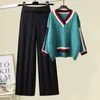 Pantaloni da donna a due pezzi Taglie forti Tuta da donna Inverno di alta qualità Thickend Caldo maglione con scollo a V Maglione a gamba larga Abito lavorato a maglia 2 Set