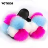 Slippers Summer Women Fur Pom Hairy Slides Ladies Cute Hairball Fluffy Faux Sandals Outdoor Rainbow Shoes 220708