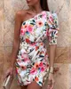 One Shoulder Floral Print Bodycon Dress Women One Sleeve Plunge Summer Dress 2021 Oregelbundna sexiga festklänningar G220510