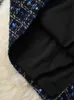 مصمم الأزياء البحرية الأزرق منقوشة القوس التعادل تويد اللباس الخريف الشتاء المرأة طويلة الأكمام الماس زر خمر الصوف فستان قصير 220316