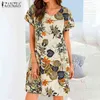 2022 Summer Bohemian Knee Dress Womens Vintage Cotton Linen Vestidos Zanzea Beach 패션 캐주얼 플로럴 프린트 Sundress G220510