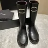 Fashion Black Women's Leather Long Boots Rain Boots Print Outsole Designer Shoes