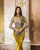 Mermaid Altın Gelinlik Modelleri Uzun Kollu 3D Çiçek Dantel Boncuklu Kristaller Akşam Örgün Parti İkinci Resepsiyon Doğum Günü Nişan Abiye Elbise