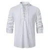 Men's Casual Shirts Men Henry Shirt Cotton Linen Long-sleeved Solid Color Spring And Summer Hippie Hollowed-out Bandage Stand-up Collar Shir