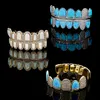 18K Real Gold Colorful Opal Grillz Brace 펑크 힙합 아이스 아웃 입방 지르콘 블링 송곳니 그릴 치과 용 구강 뱀파이어 치아 캡 코스프레이 랩퍼 바디 보석 남성 여성